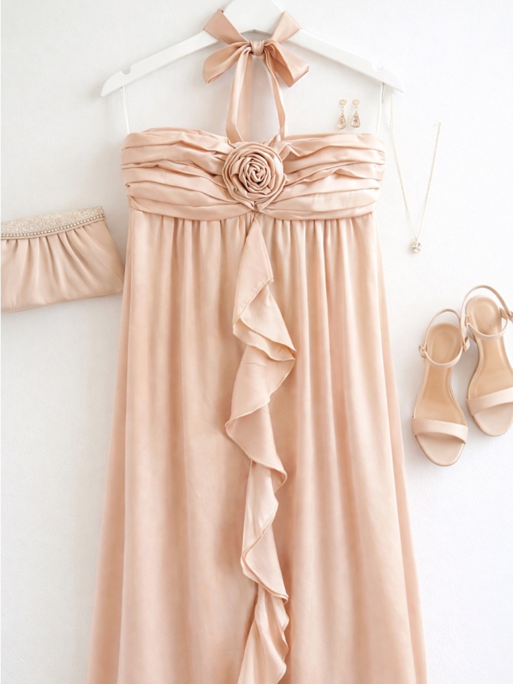 Blush Satin Halter Dress w/ Rosette Ruffle | Wedding Guest Bridesmaid M